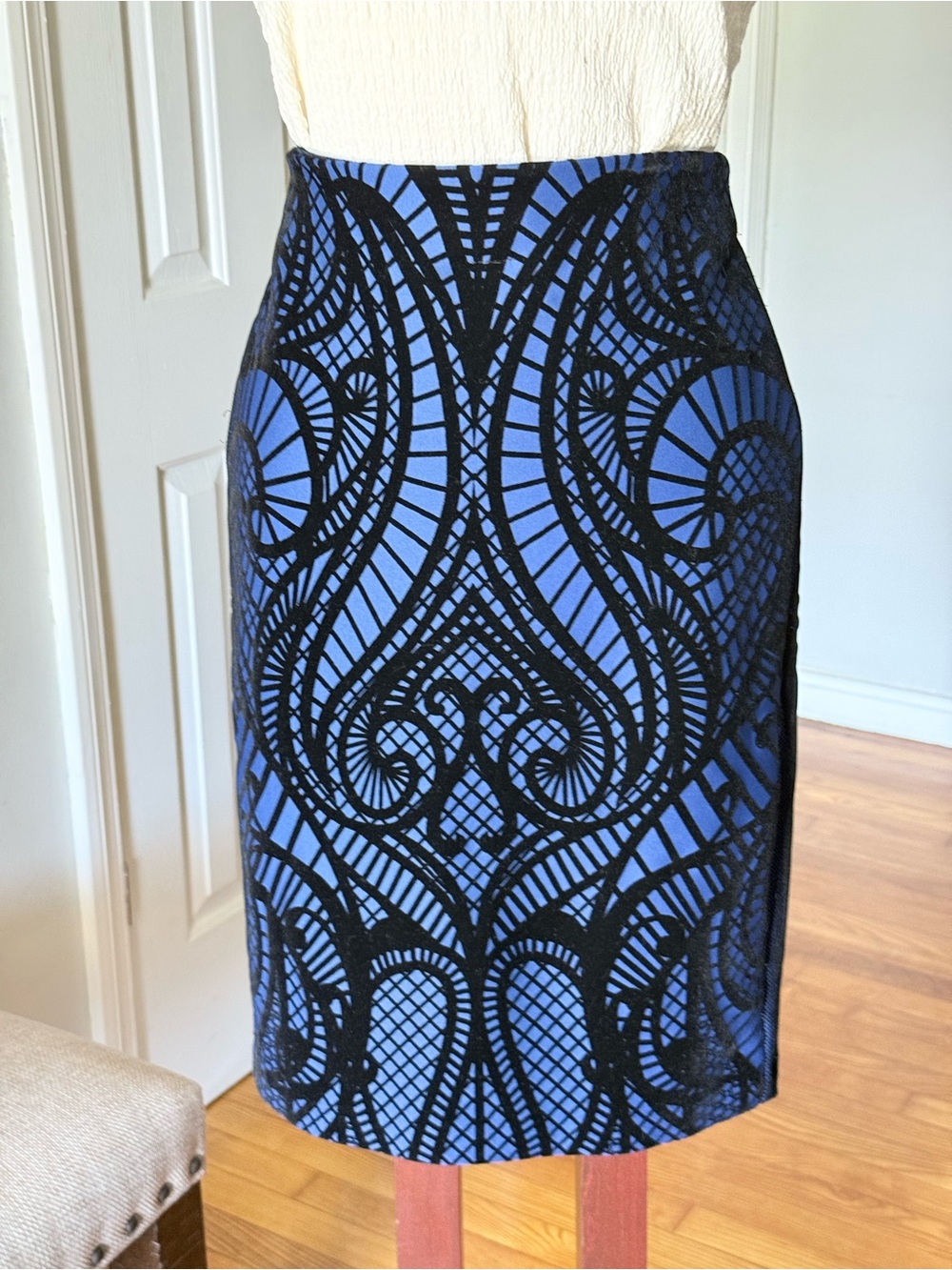ECI New York Blue Pencil Skirt with Black Lace Pattern